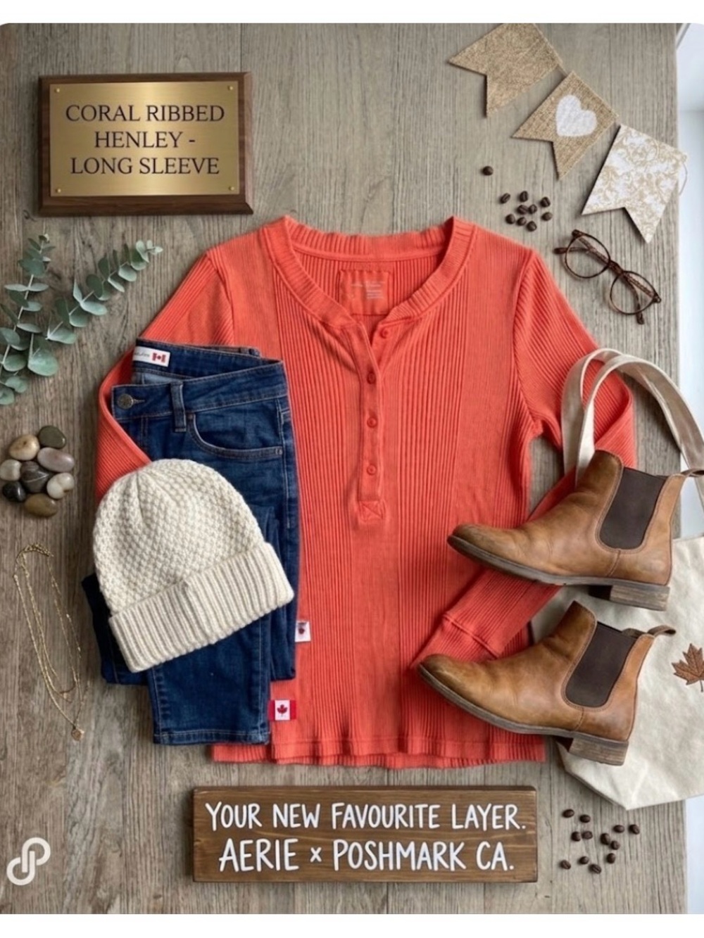 aerie Coral Ribbed Henley Long Sleeve Top